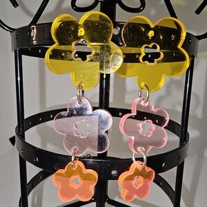 Yellow and Pink Flower Drop Earrings